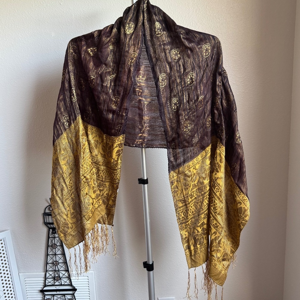 100% Silk Boho Brown Gold Scarf Shawl Wrap Fringe Tassels